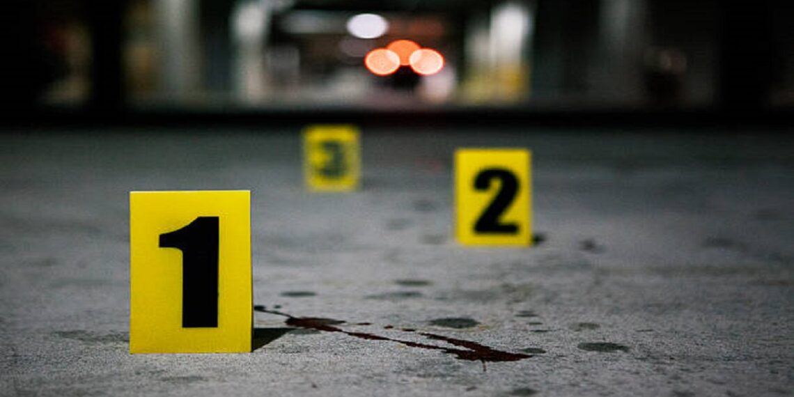 Blood splatter marked at a crime scene.